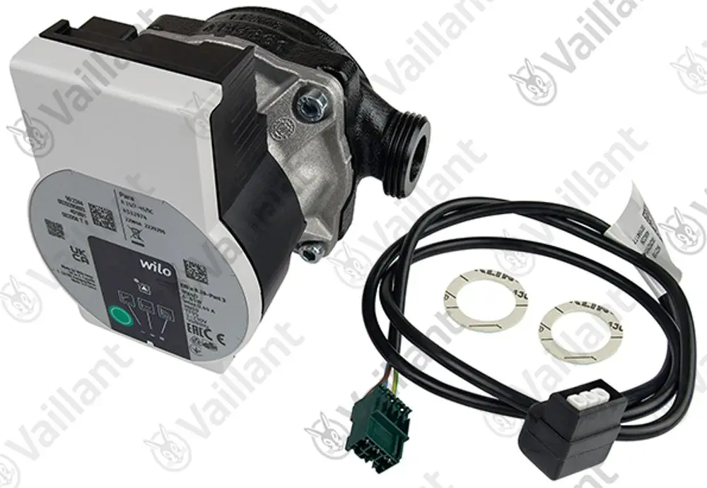 Waagerechte Pumpe der Marke Vaillant mit elektrischen Anschlüssen, zwei Dichtungen und Montagezubehör, ausgelegt für Heizsysteme.